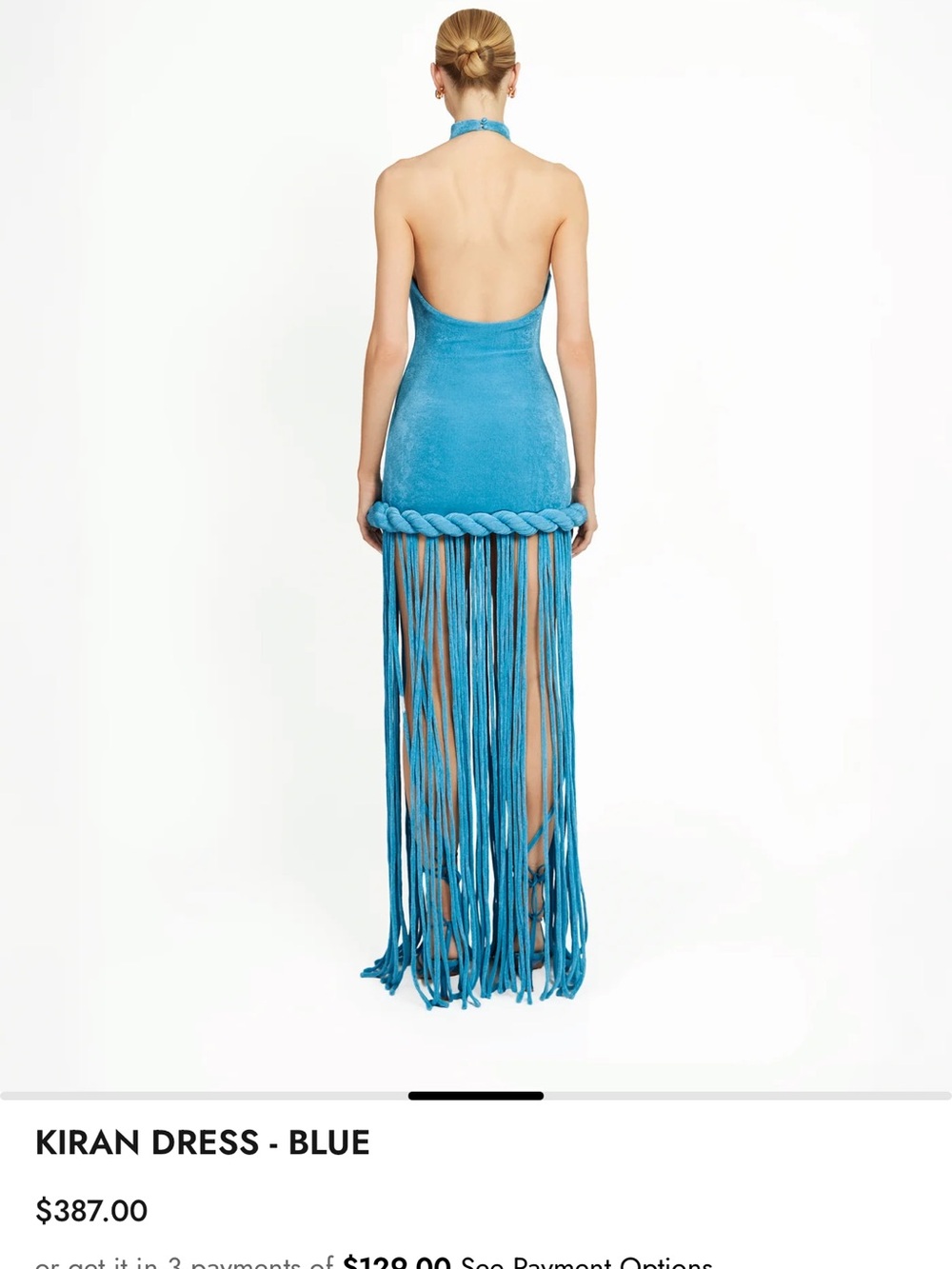 Kiran Backless Halter Mini Dress with Long Fringe in Blue